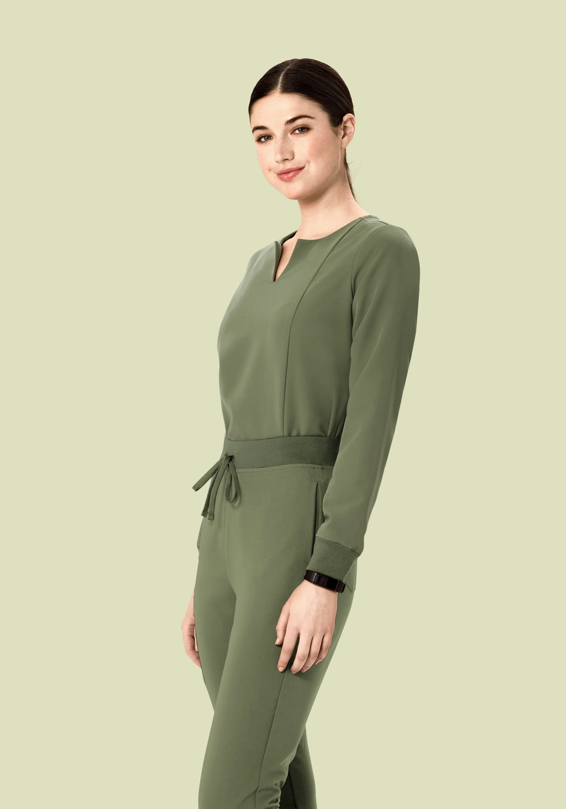 Long Sleeve Notch Neck Top Sage - Image 2